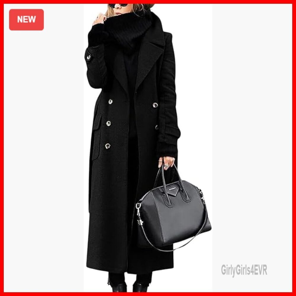 Double Breasted Wool Blend Pea Coat Notched Lapel Belted Maxi Length